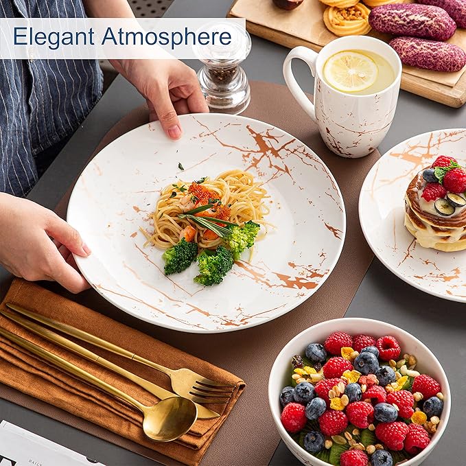 LOVECASA White Dinnerware Sets for 4 16 Piece Porcelain Dish Set Plates and Bowls Sets Gold Splash Glaze Ceramic Dinner Set with Mugs Dishwasher Microwave Safe