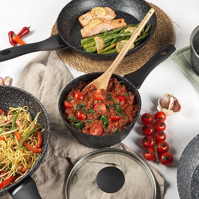 Salter BW05751S Megastone 3 Piece Pan Set - Non-Stick Cooking Pots Induction Hob Suitable 16/18/20 cm Saucepans Durable Forged Aluminium Cookware Includes Tempered Glass Lids Dishwasher Safe