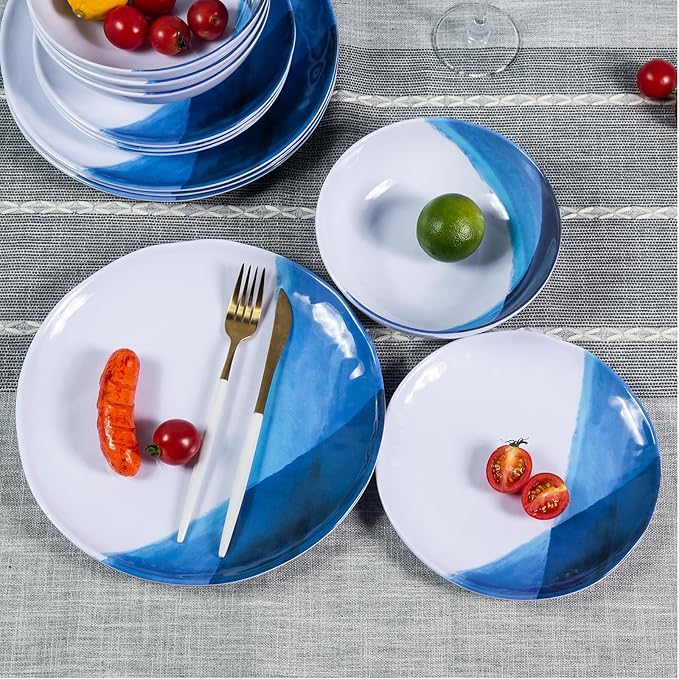 Webbylee Melamine Dinnerware Set for 4-12pcs Melamine Plates and Bowls Set for Indoor/Outdoor Use Scratch-Resistant Dish SetLightweight&ampDishwasher Safe Blue Dinnerware