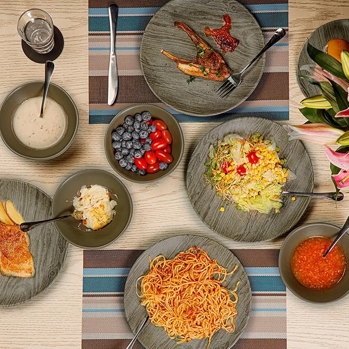 TP 18-Piece Dinnerware Set Melamine Dishes Set with Bowls and Plates Service for 6 Non-breakable Lightweight Dining Tableware Grayish-brown Wood Grain