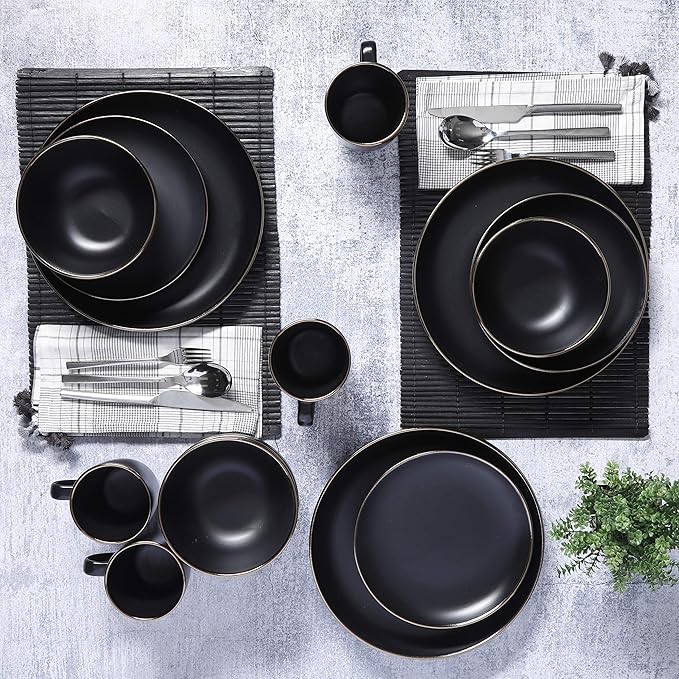 Gibson Home Rockaway 16-Piece Round Stoneware Dinnerware Set Service for 4 – Black with Gold Rim Plates and Bowls Microwave &amp Dishwasher Safe
