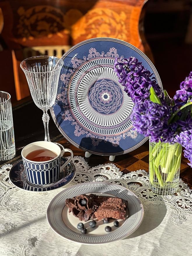 Bone China Deep Plate Set of 4 Dinner Plates Salad Plates Dinnerware Sets Serving Bowls Soup Bowls Kitchen Plates Tableware Set for Home and as a Gift (Noble Cobalt)
