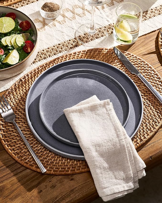 Famiware Annecy Plates and Bowls Sets Service for 4 (16 Pieces) Dinnerware Sets with Pasta Bowls Microwave and Dishwasher Safe Dishes Set Chip and Scratch Resistant Misty-Blue