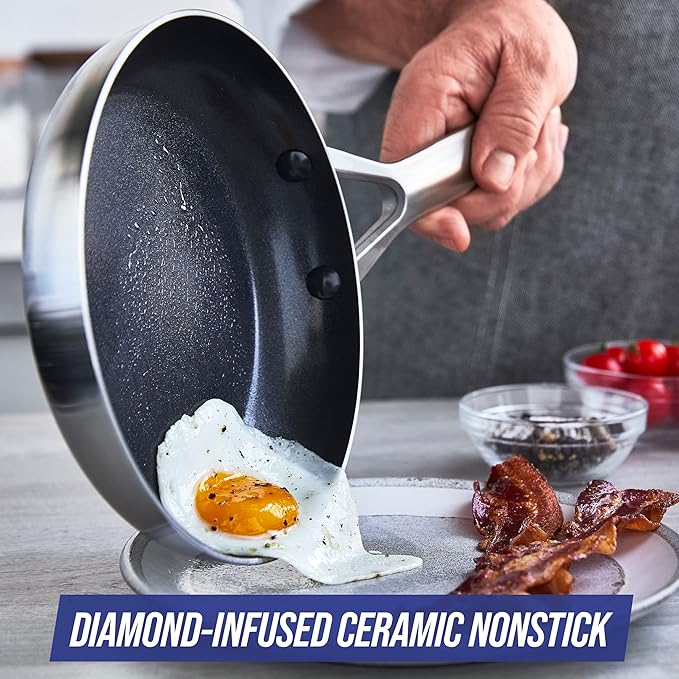 Blue Diamond Cookware Tri-Ply Stainless Steel Ceramic Nonstick 7 Piece Cookware Pots and Pans Set PFAS-Free Multi Clad Induction Dishwasher Safe Oven Safe Silver