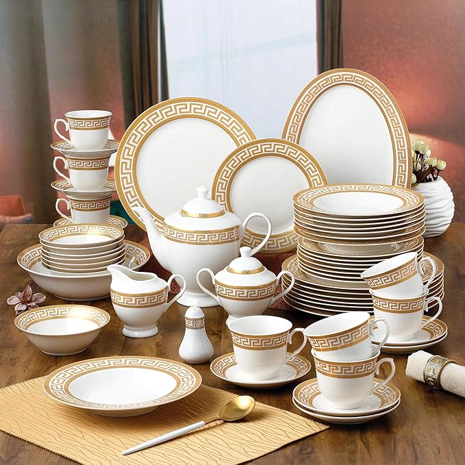 G1347-57G 57-PCs Bone China Porcelain Dinnerware Set Antique Greek Designed Tableware Set Dining Table Setting for 8 Set of 57