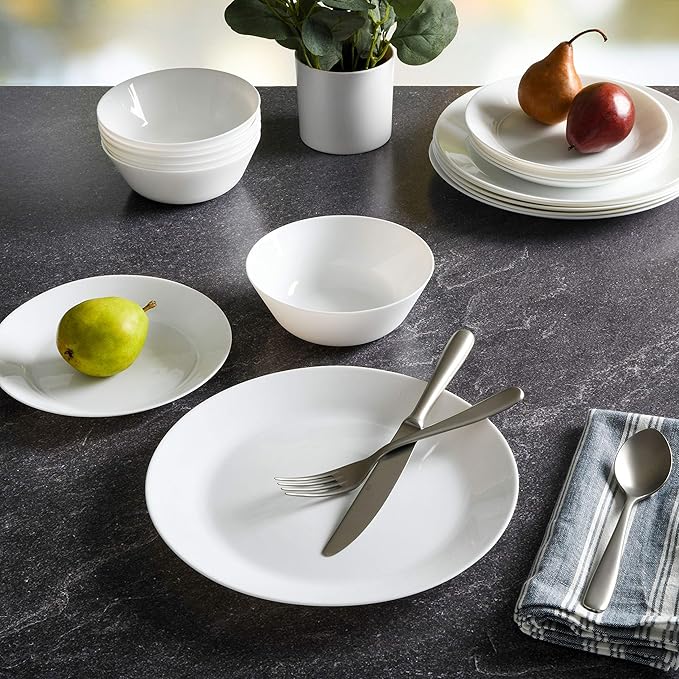 Gibson Home Ultra 18 Piece Break and Chip Resistant Dinnerware Plates and Bowls Set Round: Service for 6 Opal Glass White