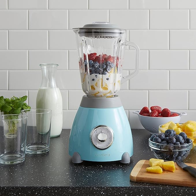 West Bend Blender Retro-Styled 3 Speeds with 48 oz Glass Blending Jar and Stainless Steel Blade 500-Watts Blue