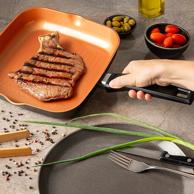 Moss &amp Stone 5 Pcs Copper Chef Cookware Set 9.5” Non Stick Deep Frying Pan Fry Basket Steamer Rack Dishwasher &amp Oven Safe Induction Copper Cookware Set Bundle With Square Grill Pan For In