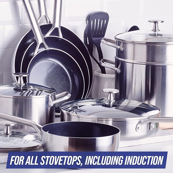 Blue Diamond Triple Steel Ceramic Nonstick Cookware Set - 15 Pieces Silver