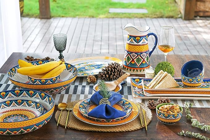 Bico Havana Ceramic 16 pcs Dinnerware Set Service for 4 Inclusive of 11 inch Dinner Plates 8.75 inch Salad Plates 26oz Cereal Bowls and Mugs for Party Microwave &amp Dishwasher Safe
