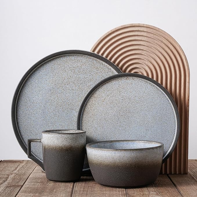 Stone Lain Vince Stoneware Reactive Glaze Dinnerware Set 16 Piece Service for 4 Gray