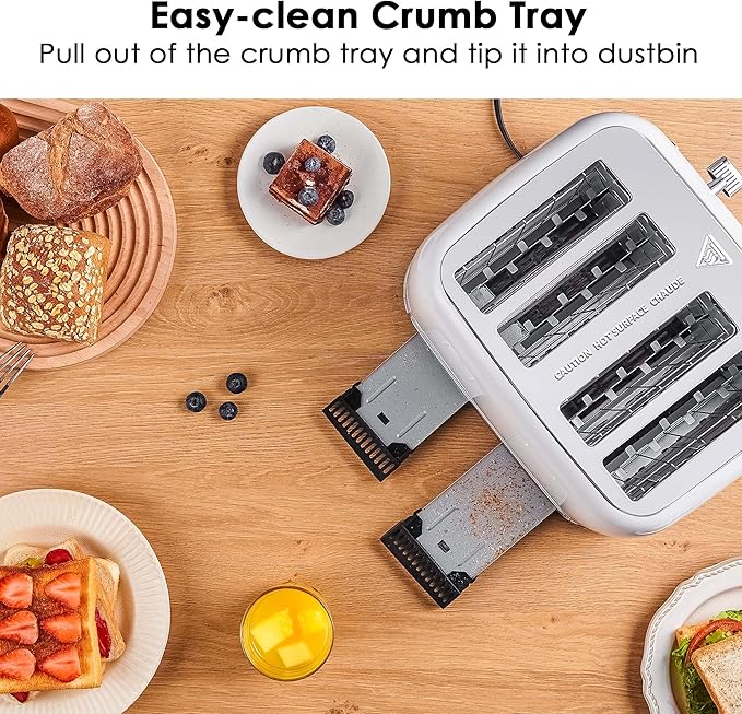 Roter Mond Toaster 4 Slice Retro Stainless Steel with Extra Wide Slots Bagel Defrost Reheat Function Dual Independent Control Panel Removable Crumb Tray 6 Browning Levels White