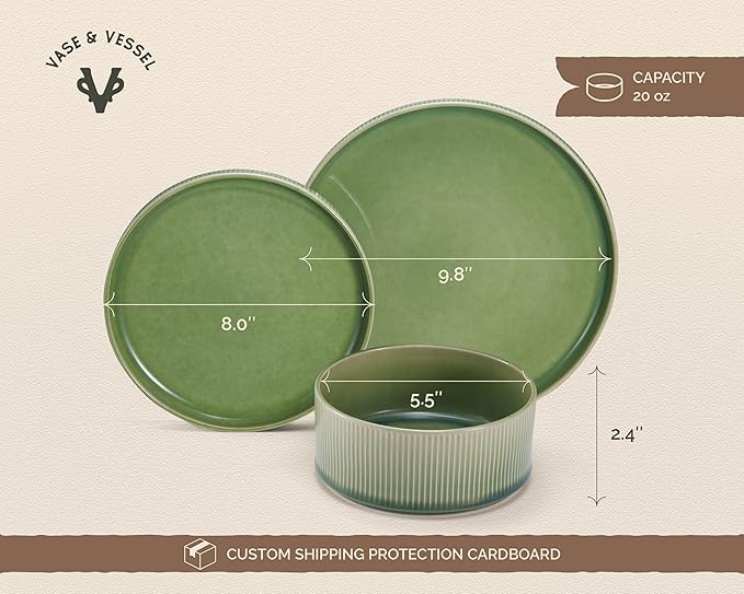 Ceramic Dinnerware Set by Vase and Vessel 12-Piece Service for 4 9.8” Dinner Plates 8” Salad Plates 20 oz Bowls Ombre Reactive Glaze Durable Stoneware Microwave &amp Dishwasher (Moss Green)
