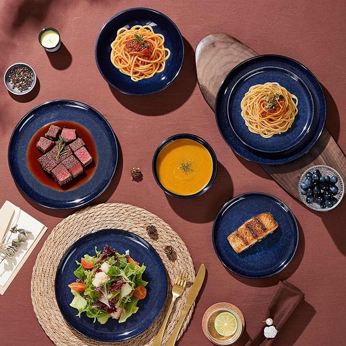 LIANYU Stoneware Dinnerware Sets with Pasta Bowls 16 Piece Plates and Bowls Dishes Set for 4 Dishwasher Safe Dining Ware Dishware for Home Kitchen Microwave Safe Midnight Blue