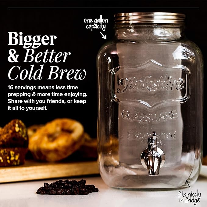 Willow &amp Everett Cold Brew Coffee &amp Iced-Tea Maker Pitcher 1 Gal Glass Dispenser w/Metal Spigot &amp Mesh Filter Iced Coffee &amp Sun Tea Brewing System