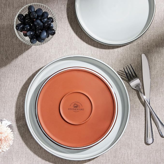 Herogo Plates and Bowls Dinner Dishes Sets for 6 18 Pieces Ceramic Stoneware Dinnerware Set Rustic Terracotta Bottom Dishwasher &amp Microwave Safe Icy White