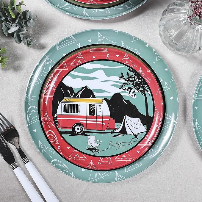 Melamine Dinnerware Sets 12pcs Plates and Bowls Sets Service for 4 Indoor and Outdoor use Dish Set break-resistant (red car)