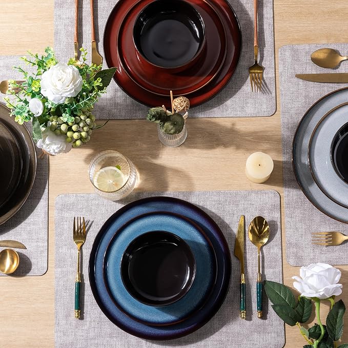 Ceramic Dinnerware Sets of 6Poreclain Plates and Bowls SetsHandmade Reactive Glaze Dishes SetChip Resistant and Scratch Resistant | Oven&ampDishwasher &amp Microwave Safe)-Colorflu(124PCS)