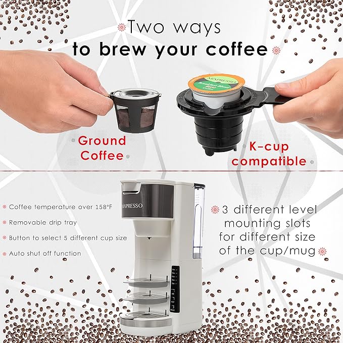 Mixpresso White Single Serve Coffee Brewer K-Cup Pods Compatible &amp Ground 30 oz Compact Coffee Maker Single Serve With 5 Brew Sizes Up To 14 Oz Fits Travel Mug Adjustable Drip Tray