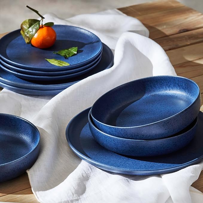 Porto by Stone Lain Macchio 24-Piece Premium Kitchen &amp Dining Dinnerware Set Stoneware Blue Matte Crafted in Portugal Dishwasher and Microwave Safe Scratch-Resistant Dish Set for 8