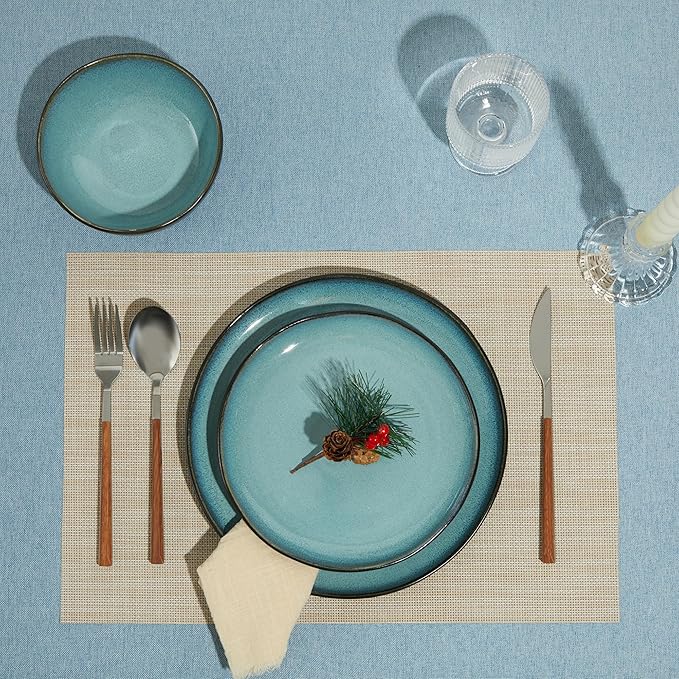 32 Piece Dinnerware Set for 8 with Pasta Bowls Green Black Reactive Glaze Stoneware | All‑in‑One Host Set for Entertaining Holiday Meals Multi‑Course Dinners | Unique Irregular Coastal Look