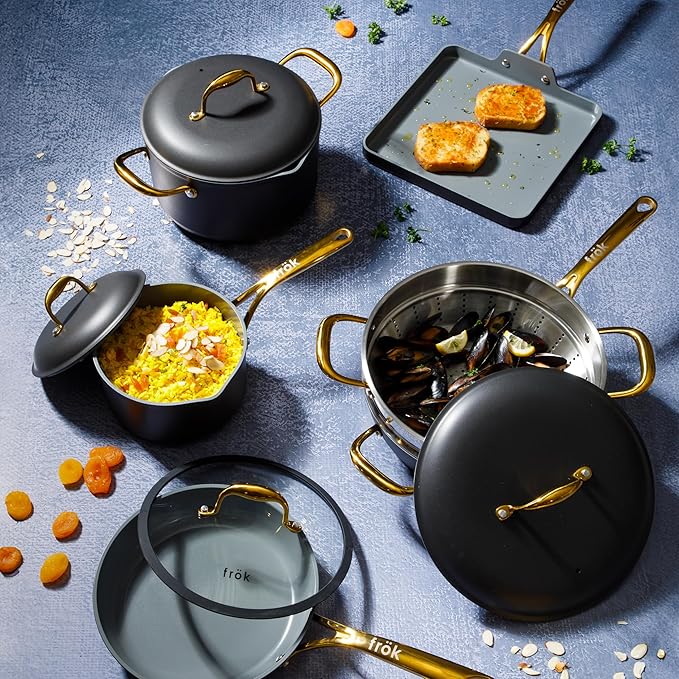 Frok 10 Piece Pots and Pans 4MM Thick Quick Heat Aluminum Cookware Set w/Premium PFA Free Ceramic Nonstick Interior Heat Resistant Exterior - Induction - Black &amp Gold