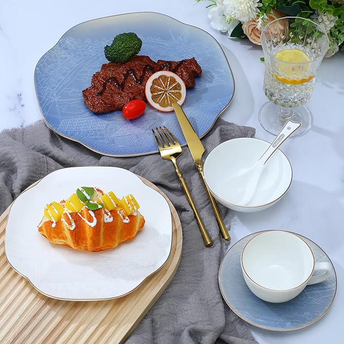 Blue 24 Piece Porcelain Dinnerware SetBone china for 4 Plates and Bowls Sets With Beautiful Pattern Highly Chip and Crack Resistant | Dishwasher Safe Dishes Set (Deep Blue + Pattern)