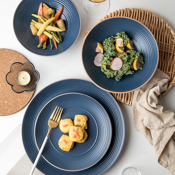 RINGAR Round Stoneware 16pc Double Bowl Dinnerware Set for 4 Dinner Plates Side Plates Cereal Bowls Pasta Bowls - Speckle Matte Blue (420796)