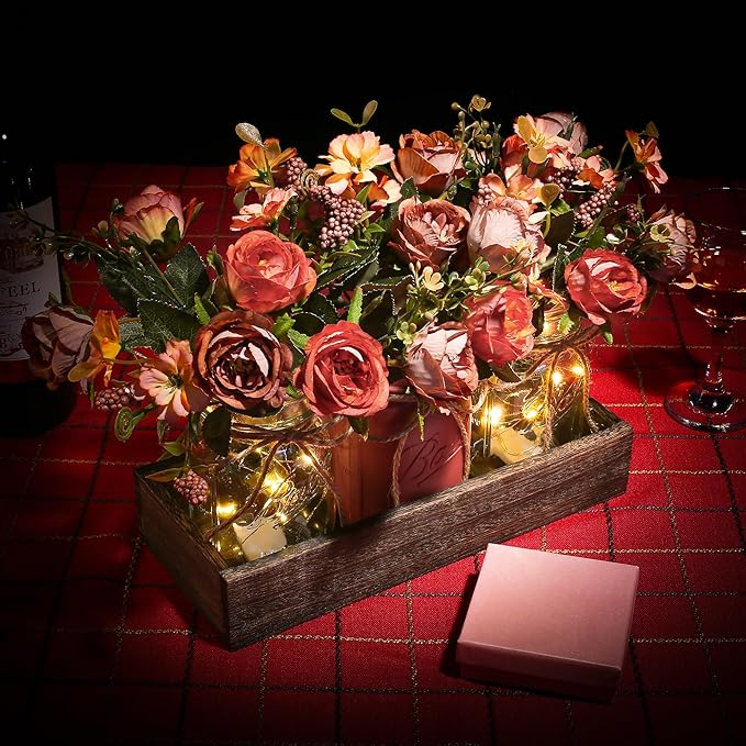 3 Pcs Mason Jar Centerpiece Table Decorations for Dining Table Decor Farmhouse Coffee Table Decor with Wood Tray and Led Light Table Centerpieces for Dining room Kitchen Living BathroomOrange