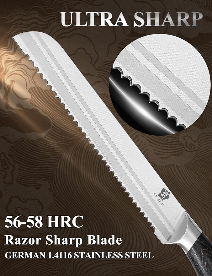 WILDMOK Bread Knife Ultra Sharp Serrated Knife 8 Inch -Serrated Bread Knife German Stainless Steel Bread Cutting Knife with Pakkawood Handle Gift Box