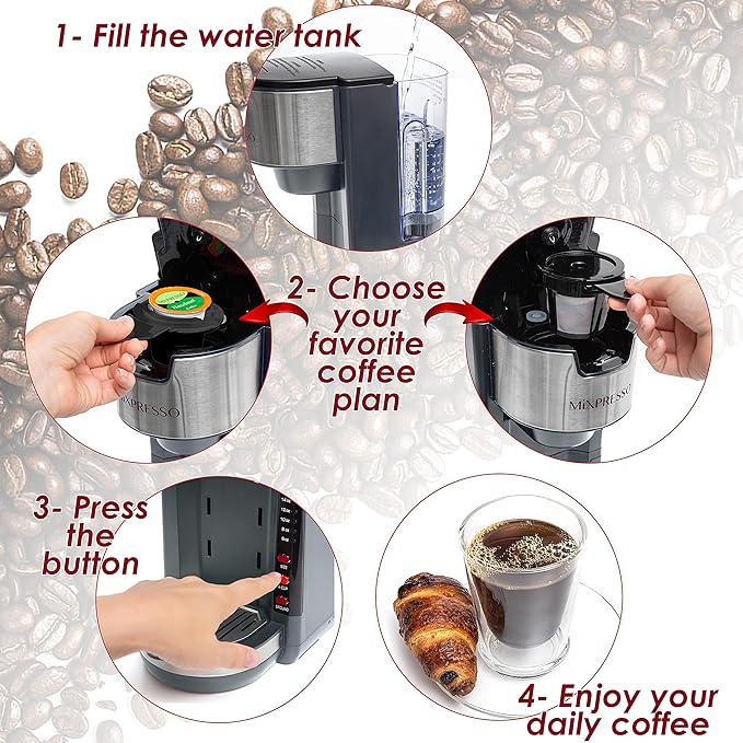 Mixpresso Gray Single Serve Coffee Brewer K-Cup Pods Compatible &amp Ground 30 oz Compact Coffee Maker Single Serve With 5 Brew Sizes Up To 14 Oz Fits Travel Mug Adjustable Drip Tray
