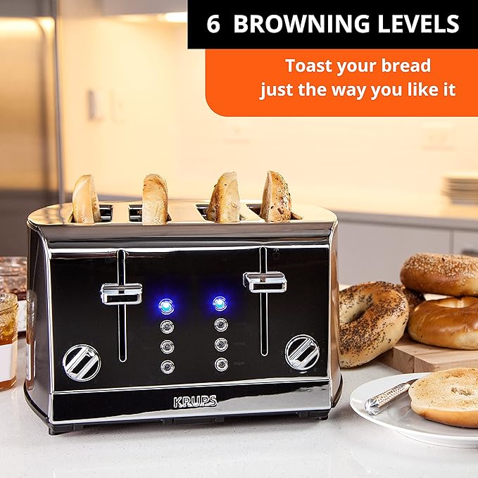 KRUPS: 4 Slice Toaster Stainless Steel 4 Functions Cancel Bagel Reheat Defrost 1500 watts 6 Shade Settings Removable Crumb Tray