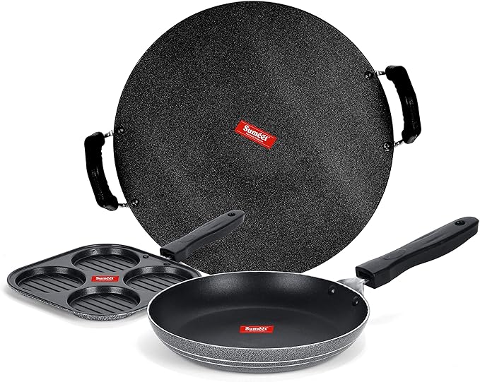 Sumeet NonStick Grizaj Cookware Set (Tawa-30.5cm Dia + Mini Multi Snack Maker - 4 Cavity -19.5cm + Tapper pan - 0.6Ltr - 20Cm Dia)