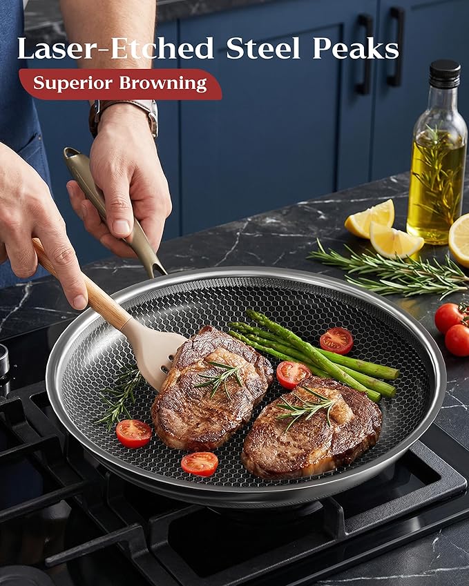 Honeycomb Stainless Steel Nonstick Frying Pan with Lid 12 Inch Induction Cooktop Compatible Skillet PFOA-Free Scratch-Proof Dishwasher &amp Oven Safe Stay-Cool Handle Gold Kitchen Cookware