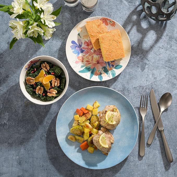 Spice by Tia Mowry Goji Blossom Decorated Porcelain Chip and Scratch Resistant Dinnerware Set Blue 12-Piece