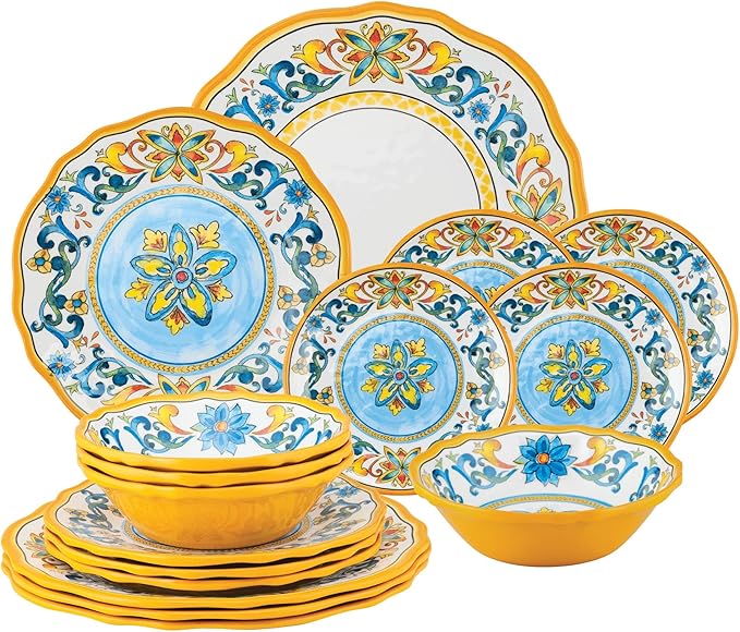 UPware 16 Piece Chianti Melamine Dinnerware Sets Outdoor Dishes Set Plates and Bowls Sets Service for 4 Multicolor