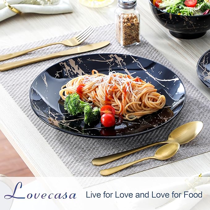 LOVECASA Plates and Bowls Sets for 4 12 Pieces Porcelain Dinnerware Sets Black and Gold Dish Set Gold Splash Dishware Sets Dishwasher Microwave Safe