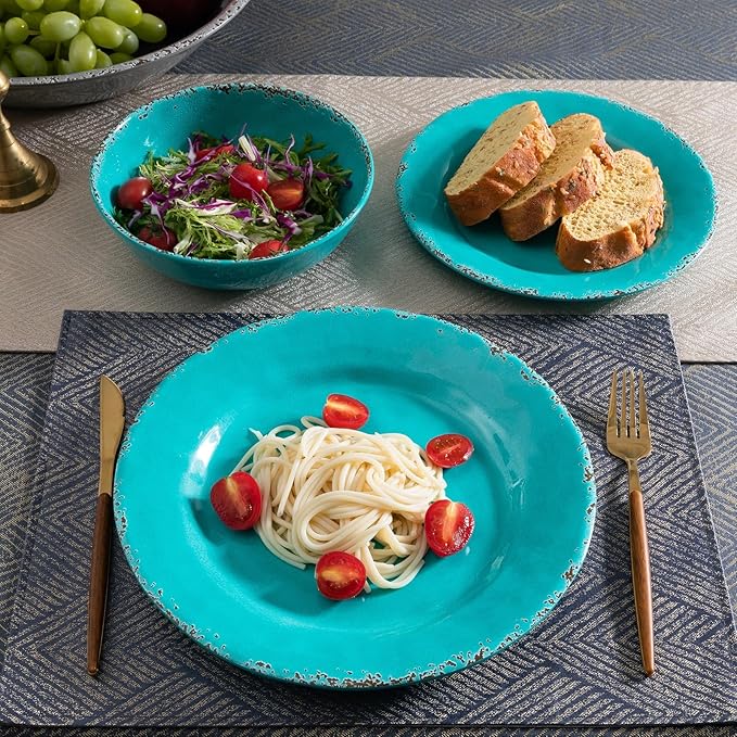 Farmhouse Melamine Plates and Bowls Set Set of 4 BPA Free 100% Melamine 12 Piece Vintage Dishes Dinnerware SetsDishwasher Safe Teal