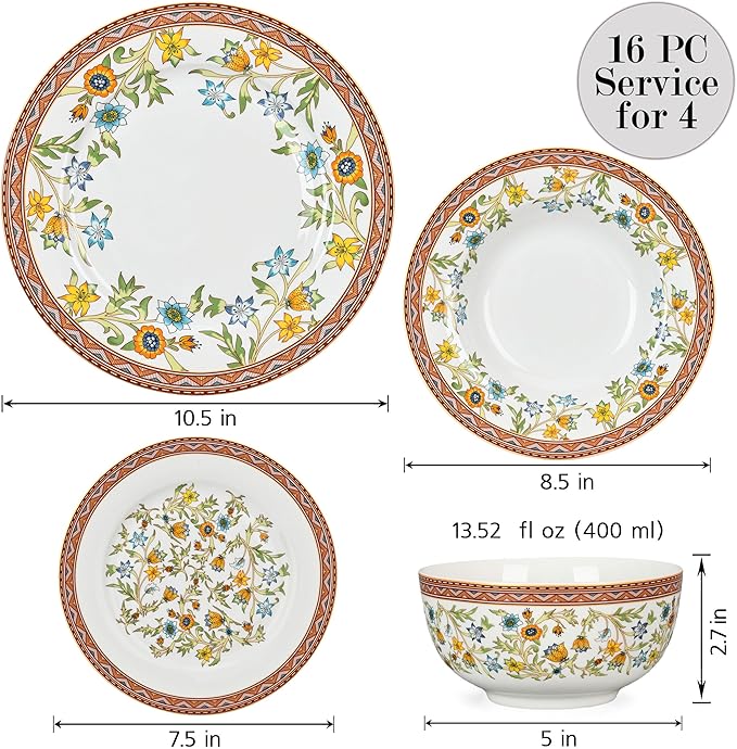 STP Porcelain J-229561 Fleurs des Prairies Bone China Dinnerware Set of 16 Service for 4
