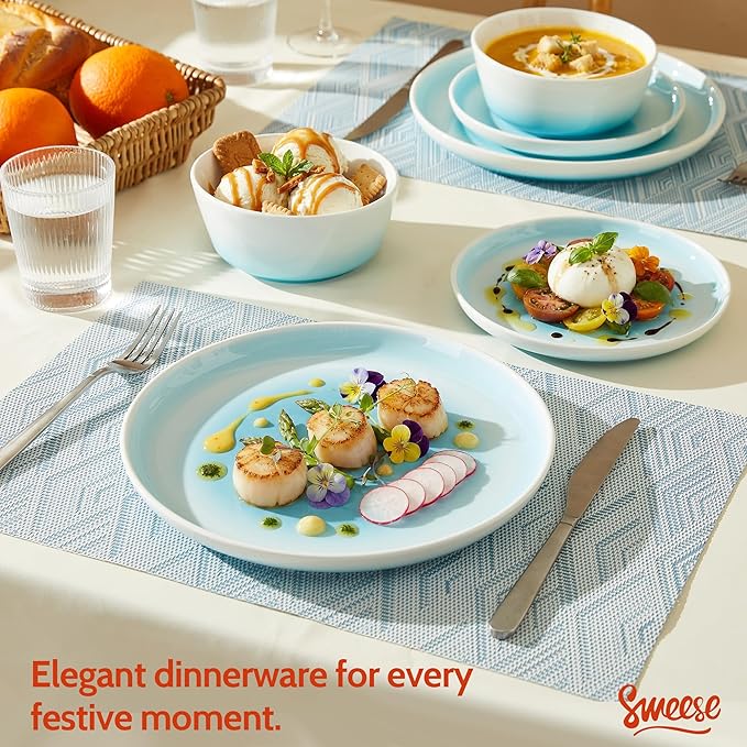 Sweese Porcelain Dinnerware Sets Handpainted Plates and Bowls Set for 6 Scratch Resistant Dinner Set Dishwasher and Oven Microwave Safe Dishes Set Blue