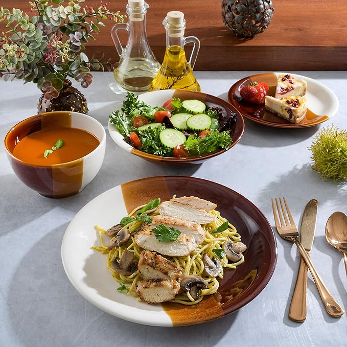 Gibson Elite Autumn Canopy Stoneware Double Bowl Plates and Bowls Dinnerware Set Service for 4 (16pcs)