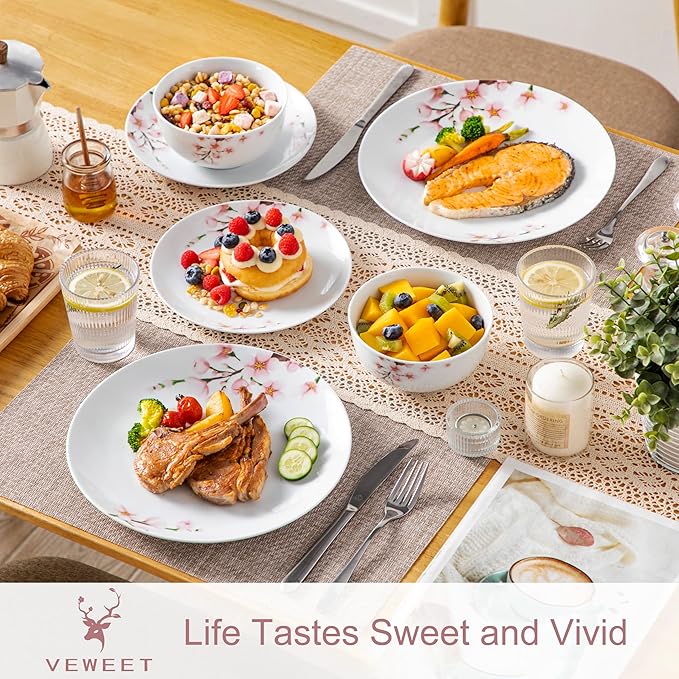 VEWEET Porcelain Dinnerware Sets for 4 12 Pieces Plates and Bowls Set with Pink Floral Kitchen Dishes Set Dining Ware for Family Microwave and Dishwasher Safe Series ANNIE