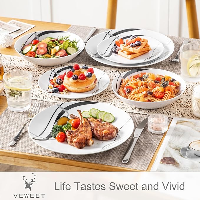 VEWEET Porcelain Dinnerware Sets for 6 18 Pieces Plates and Bowls Set with Black and Grey Ribbon Lines Dishes Set Dining Ware for Dinner Microwave and Dishwasher Safe Series FIONA