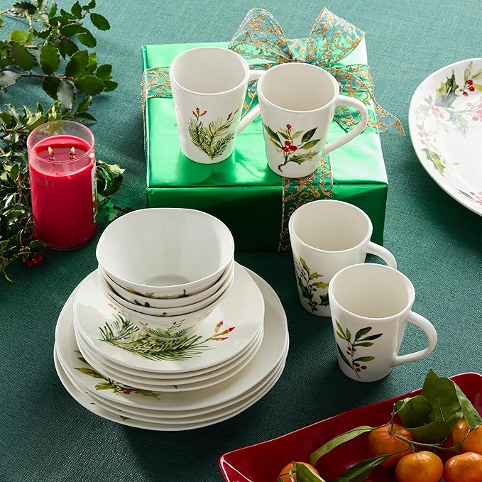 Holly and Vines Christmas Dinnerware Set – 16-Piece Stoneware Service for 4 with Artist-Designed Holiday Plates Mugs &amp Bowls Elegant Tableware for Christmas Hosting &amp Winter Entertaining