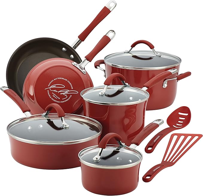 Rachael Ray Cucina Nonstick Cookware Pots and Pans Set 12 Piece Cranberry Red &amp Cucina Nonstick Sauce Pot/Saucepot with Steamer Insert and Lid 3 Quart Cranberry Red