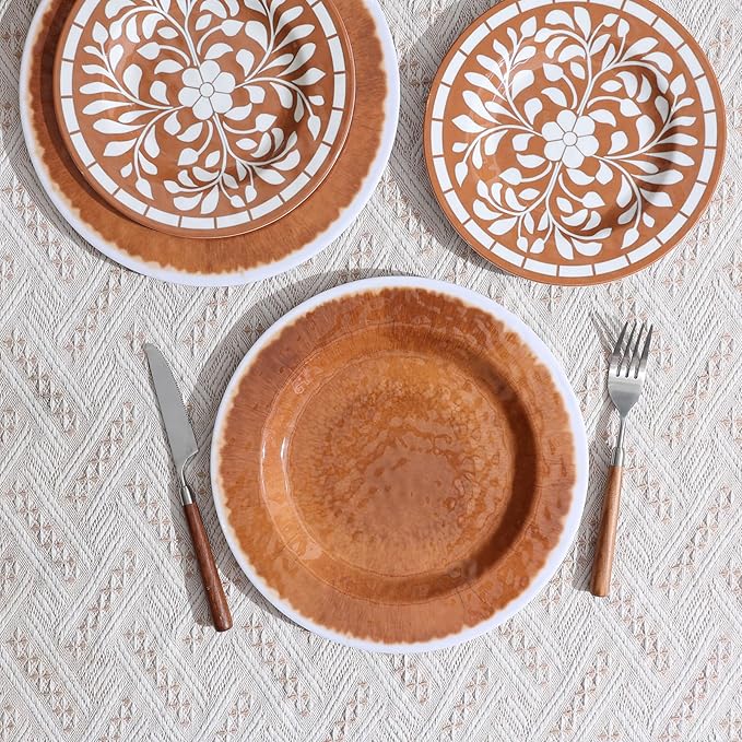Melamine Plates and Bowls Set 12-Piece Melamine Dinnerware Set Dinner Serving Dishes Set for 4 Unbreakable Brown-Yellow