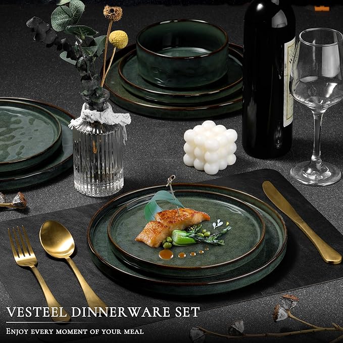 Vesteel Dinnerware Sets 12-Piece Stoneware Plates and Bowls Set Dishes Set for 4 Elegant Ceramic Dinnerware for Home Restaurant - Sage Green