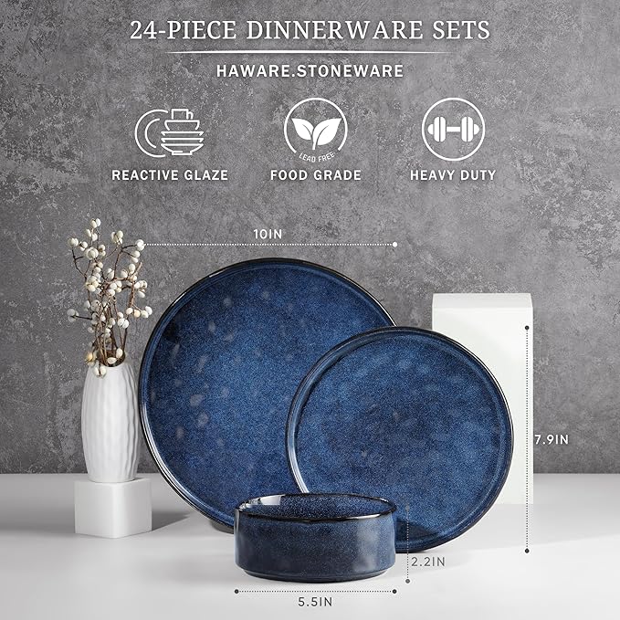 HaWare Dinnerware Sets 24-Piece Plates and Bowls Set Stoneware Dish Set for 8 Ceramic Dinnerware for Home Restaurant Chip and Scratch Resistant Microwave and Dishwasher Safe Reactive Starry Blue