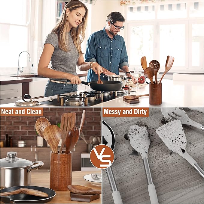 12 Piece Wooden Spoons for Cooking Wooden Utensils for Cooking with Utensils Holder Natural Teak Wooden Kitchen Utensils Set with Wooden Spoon Rest Comfort Grip