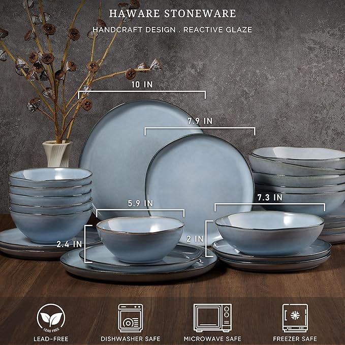 HaWare Plates and Bowls Set Stoneware Dinnerware Sets 24-Piece Hand-painted Dishware for 6 Ceramic Dinner Set for Home Kitchen Scratch Resistant Microwave and Dishwasher Safe Reactive Foggy Blue